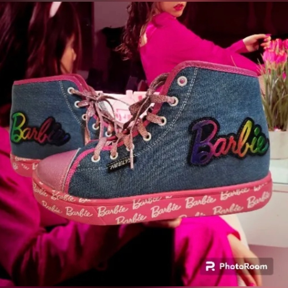 Barbie Heelys Size 7 Girls Pink and Denim Sneakers - Picture 3 of 7
